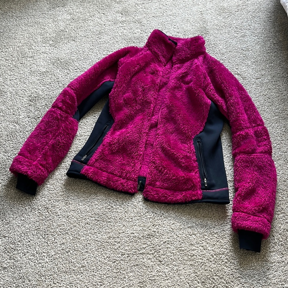 Columbia fuzzy jacket. Magenta color with grey details.